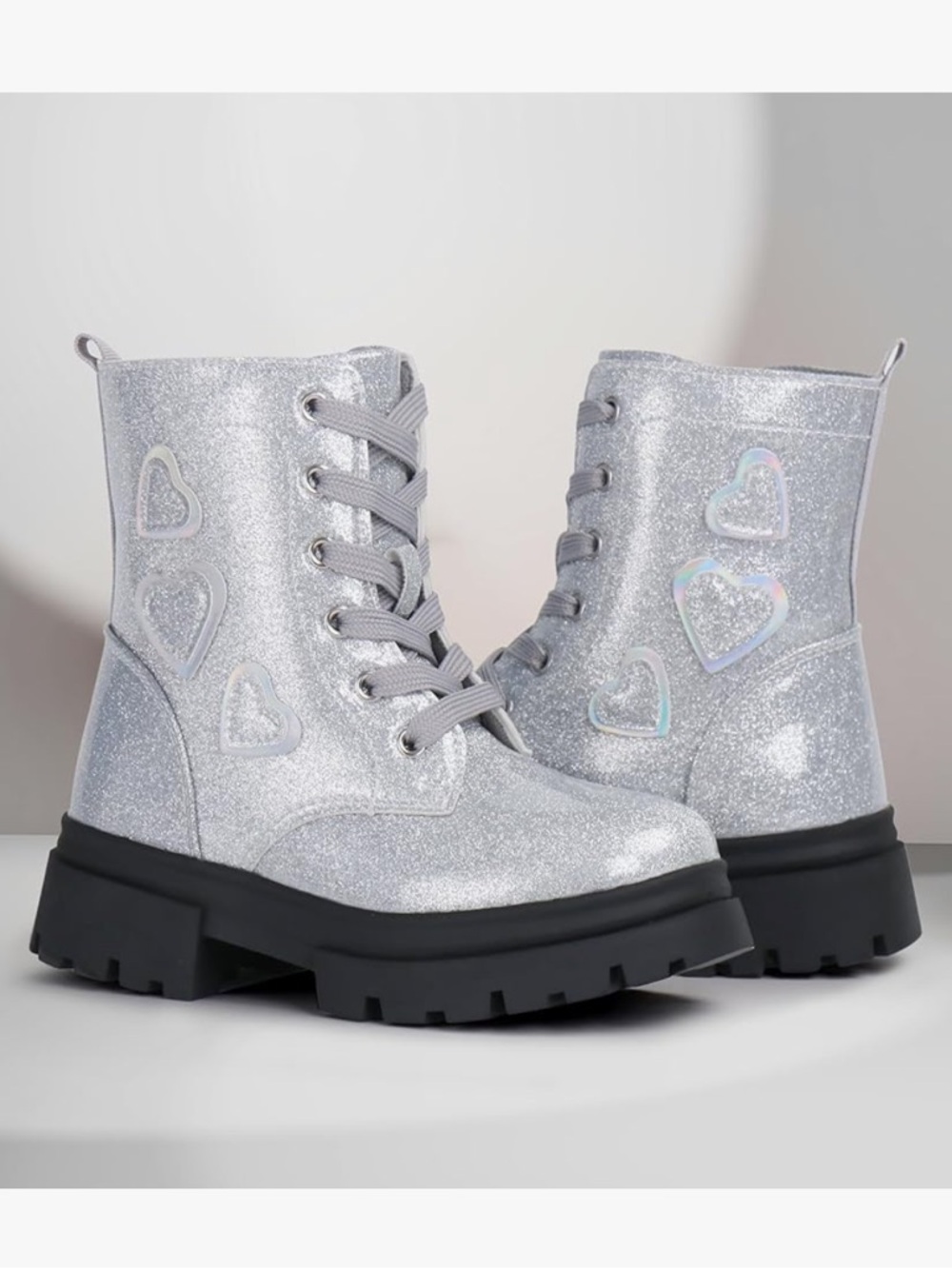 Toddler Kids Silver Waterproof Glitter Heart Combat Boots
